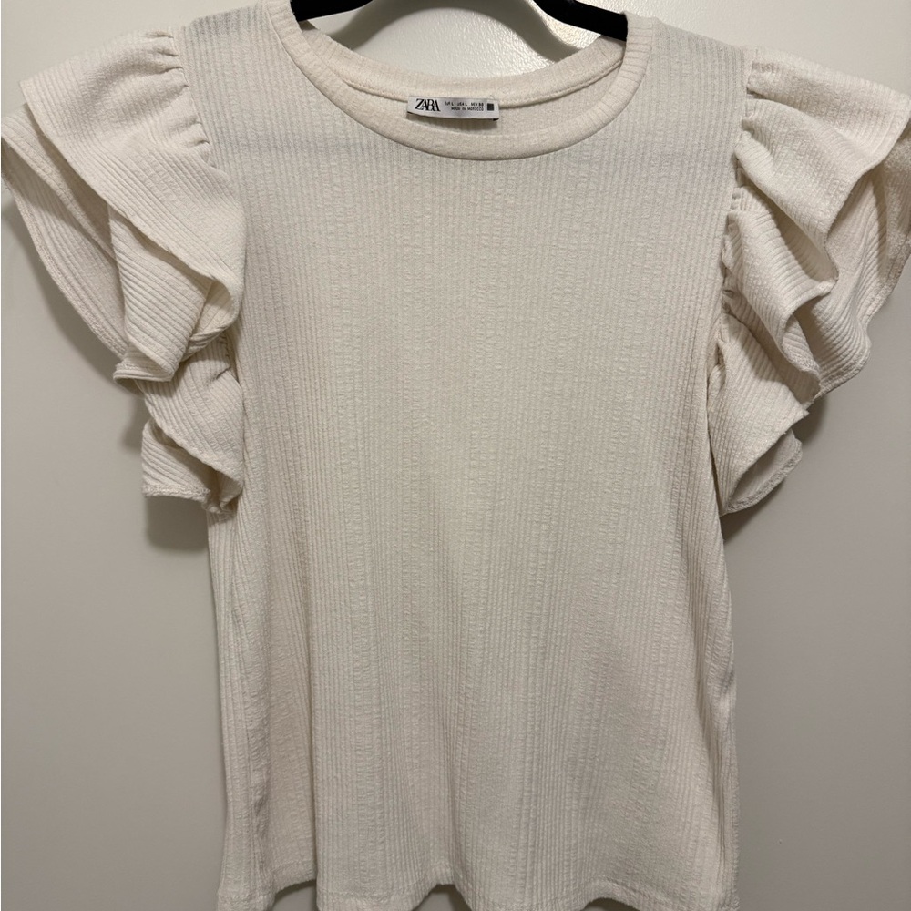Zara Cream Ruffle Sleeve Short Sleeve Top
